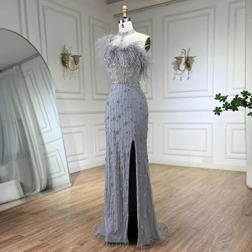 Custom Gray Halter Neck Beaded Mermaid Evening Gown With Feathers