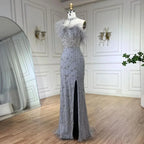 Custom Gray Halter Neck Beaded Mermaid Evening Gown With Feathers