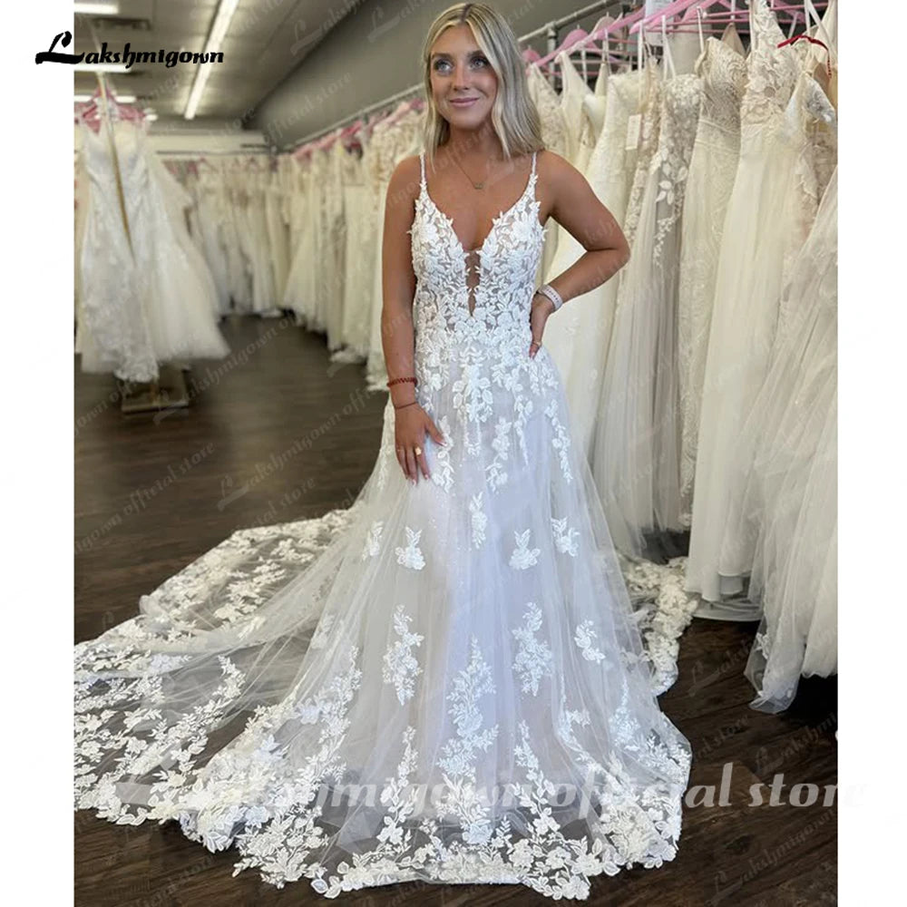 Custom Boho Lace A Line Bridal Wedding Dress Spaghetti Straps