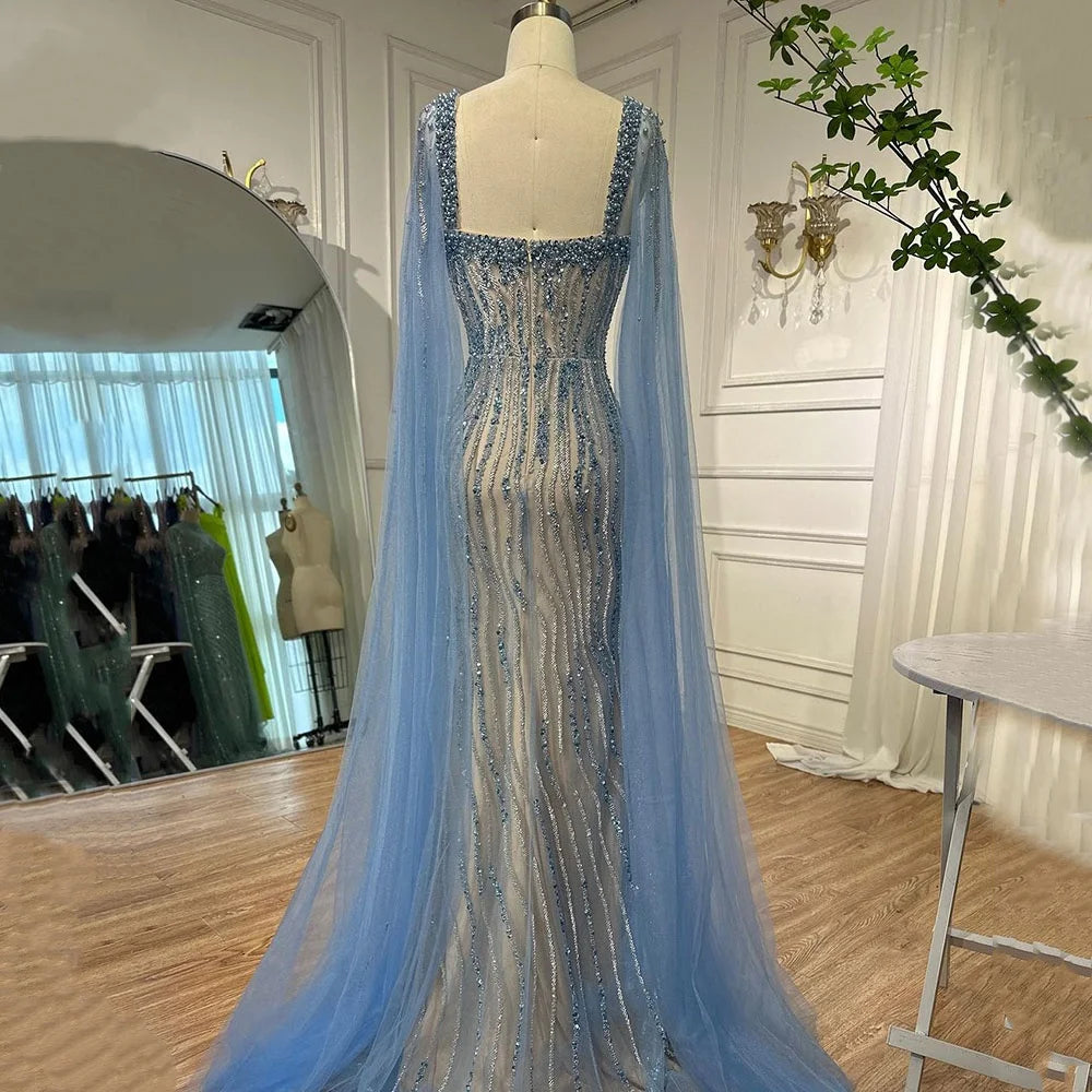 Blue Mermaid Beaded Evening Dress with Cape Sleeves Custom Wedding Gown