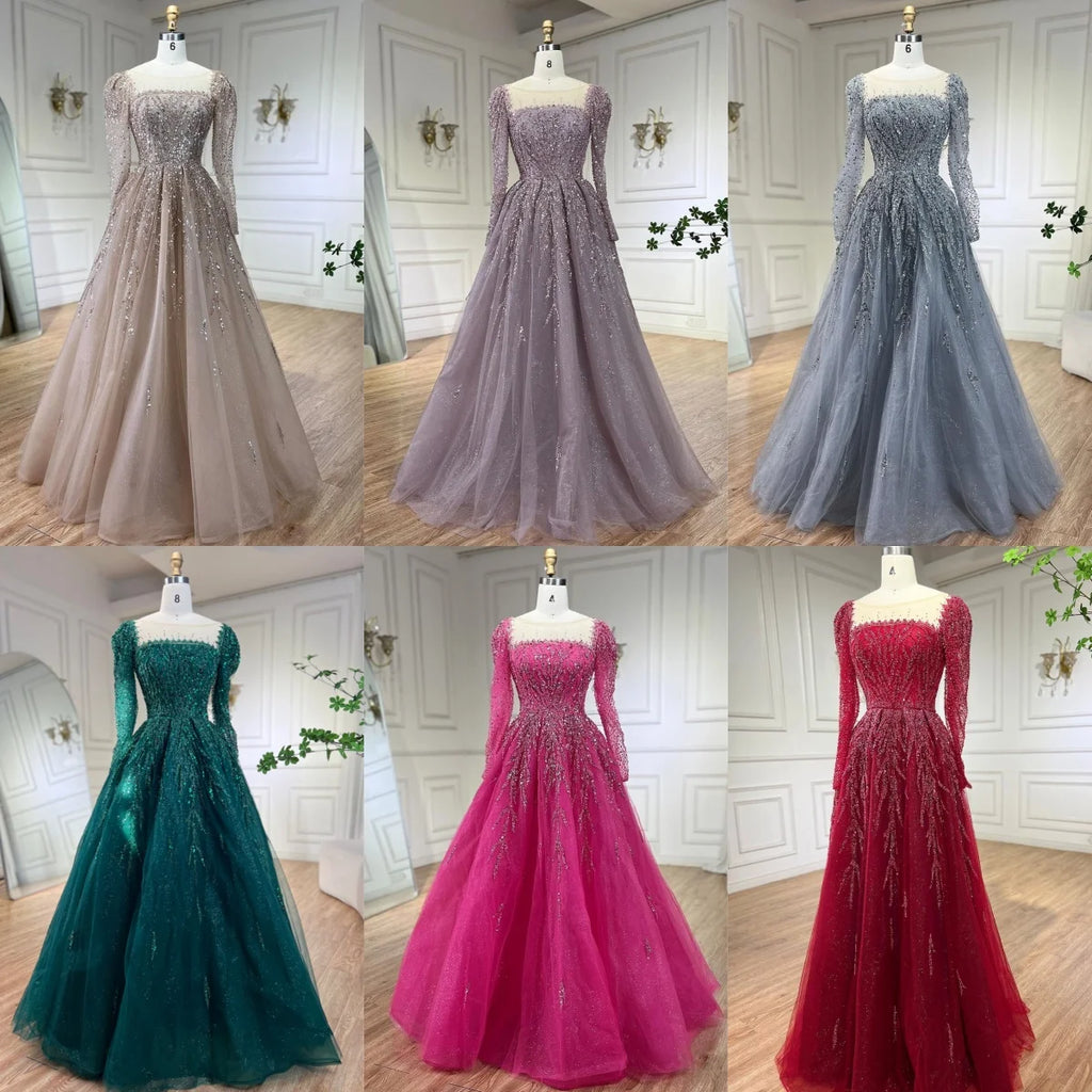 Pink Long Sleeves A Line Beaded Dubai Evening Wedding Party Dress 2025