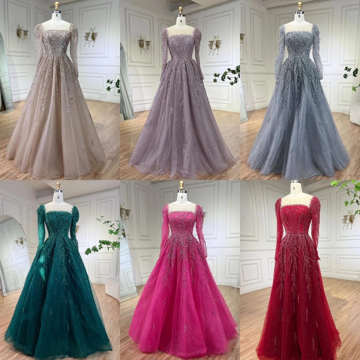 Pink Long Sleeves A Line Beaded Dubai Evening Wedding Party Dress 2025