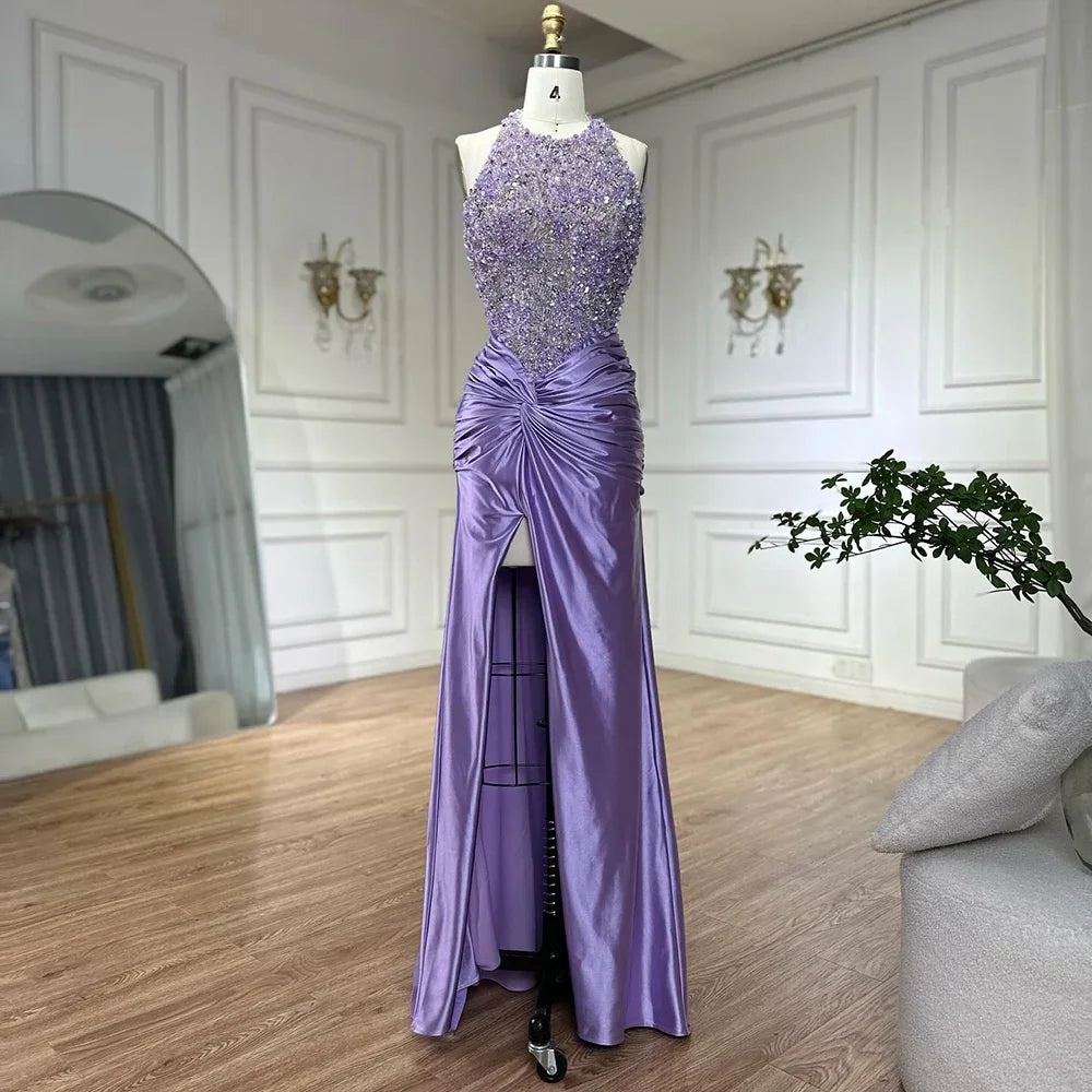 Custom Lilac Halter Mermaid Evening Gown Side Slit Wedding Bridesmaid Dress