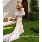 Custom Mermaid Wedding Dress Lantern Sleeves Beaded Tulle Chapel Train
