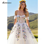 Ivory Floral Embroidery Off The Shoulder A Line Custom Made Wedding Dress