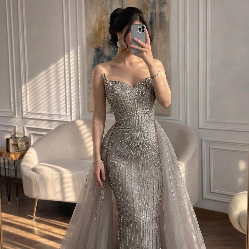 Strapless Caramel Beaded Tulle Evening Dress Sweetheart Formal Gown