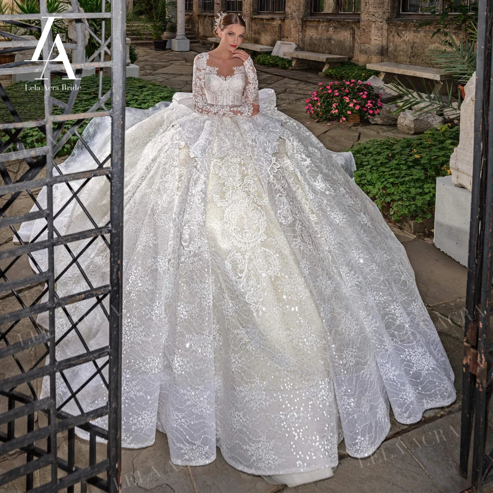LelaAcra Long Sleeve Ball Gown Wedding Dress Appliques