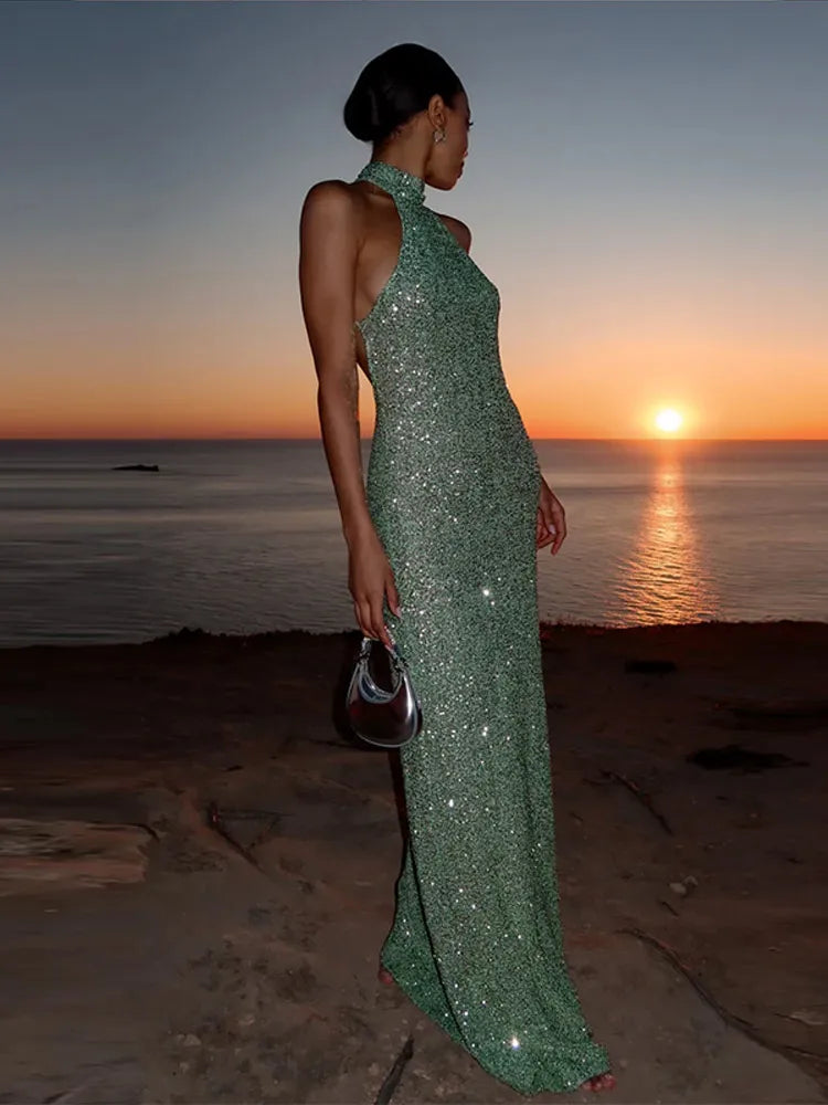 Sexy Halter Backless Long Dress Women Solid Sequin Sleeveless High Waist Slim Fit Dresses 2025 Lady Chic New Evening Party Robes