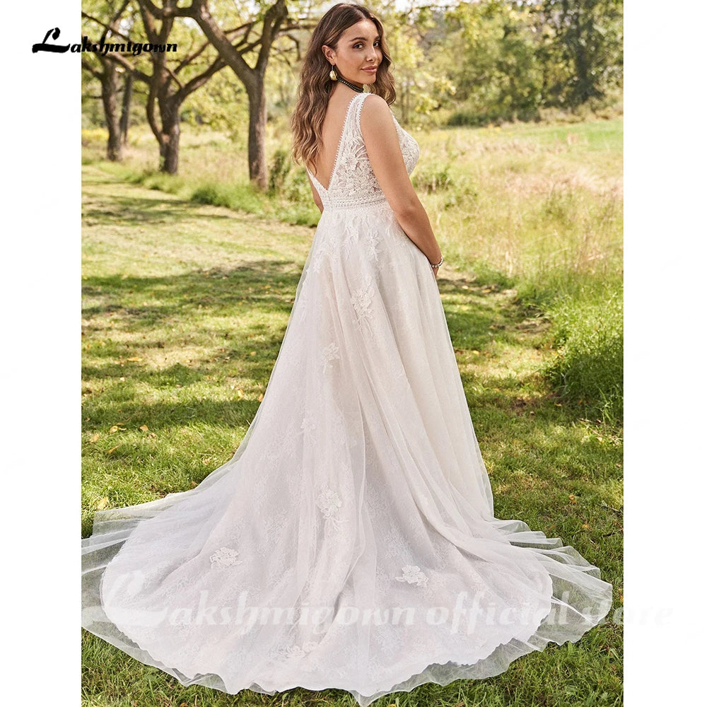 Plus Size Boho Lace A Line V Neck Customized Wedding Dress
