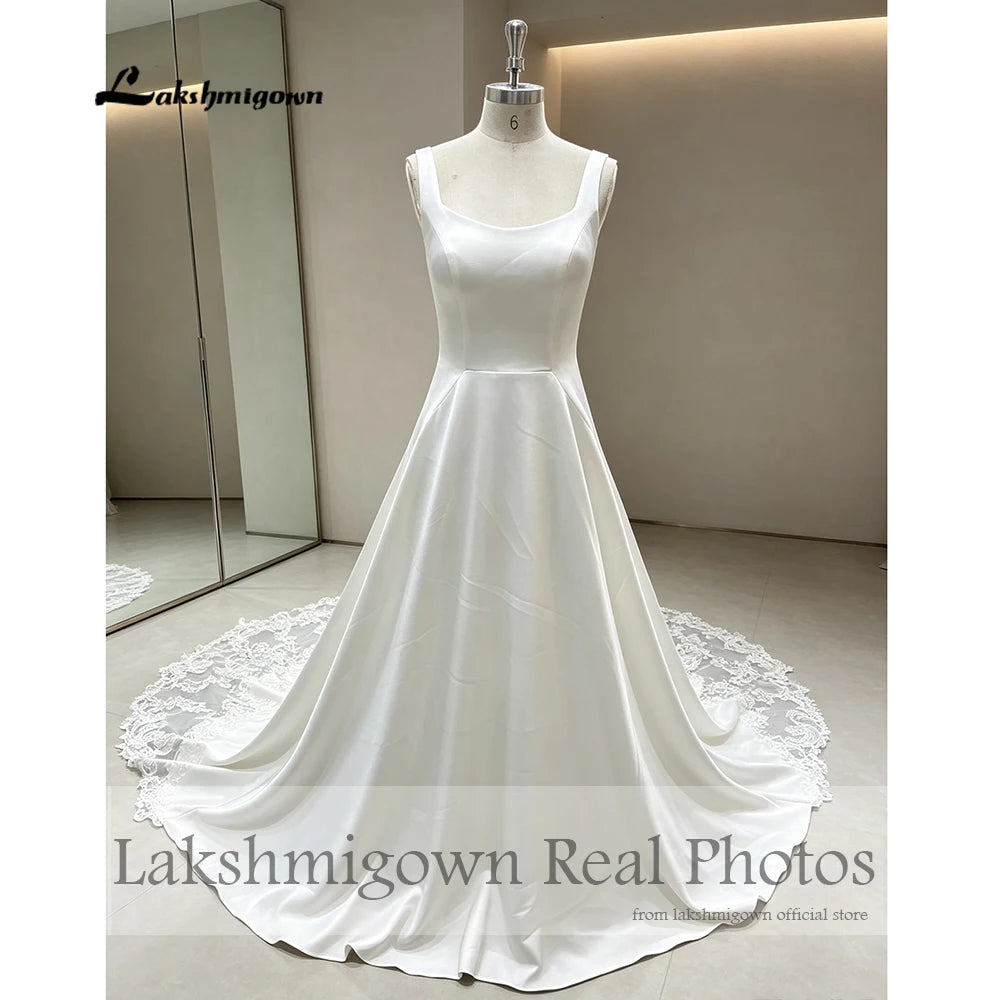 Lakshmigown Custom Crepe Satin Wedding Dress Scoop Neck Court Train