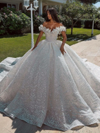 Luxury Off Shoulder Ball Gown Wedding Dress With 3D Floral Glitter