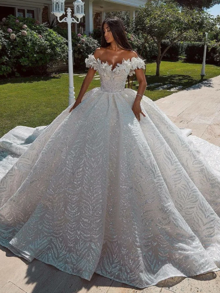Luxury Off Shoulder Ball Gown Wedding Dress With 3D Floral Glitter