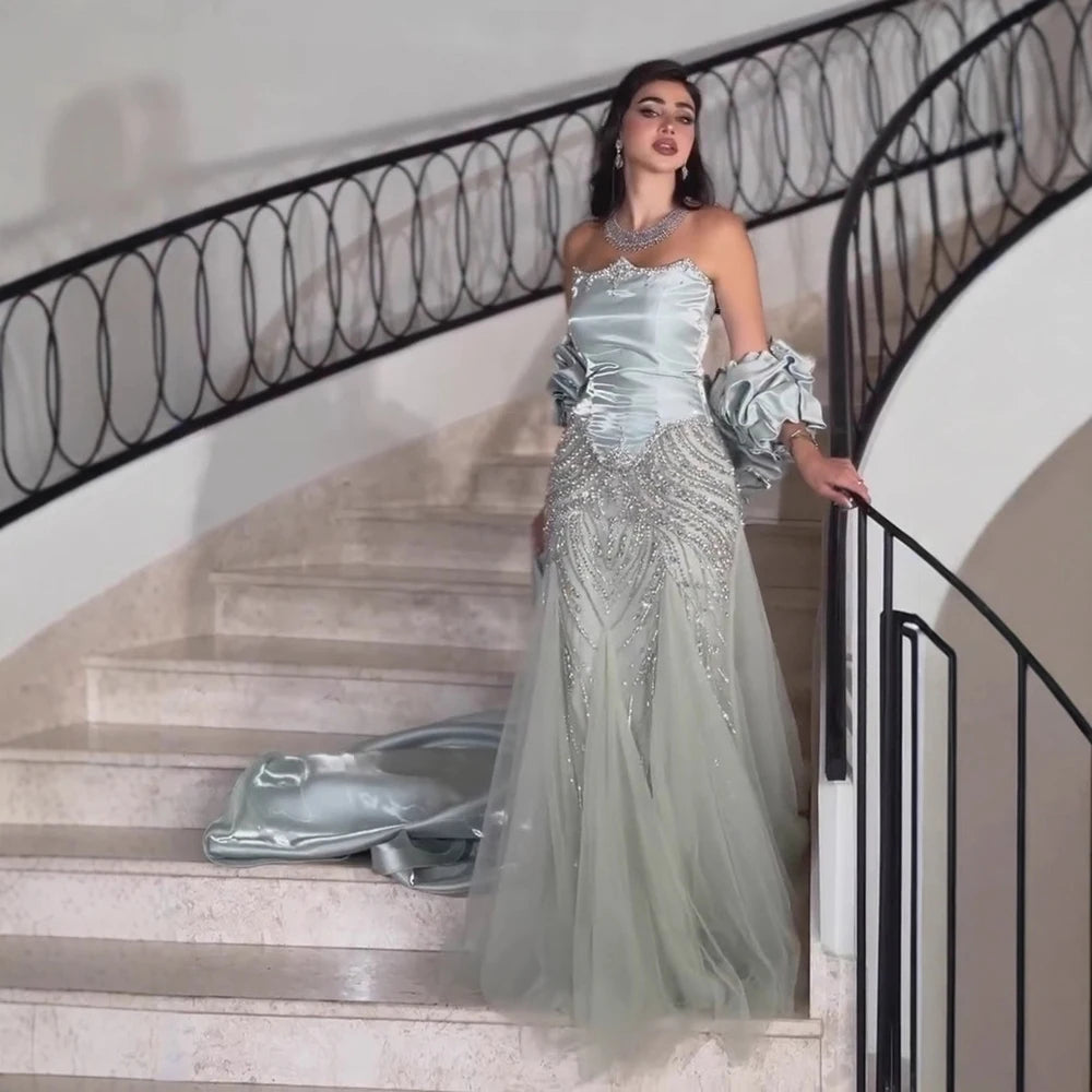 Custom Sage Green Mermaid Evening Dress With Cape And Beaded Gown For Women