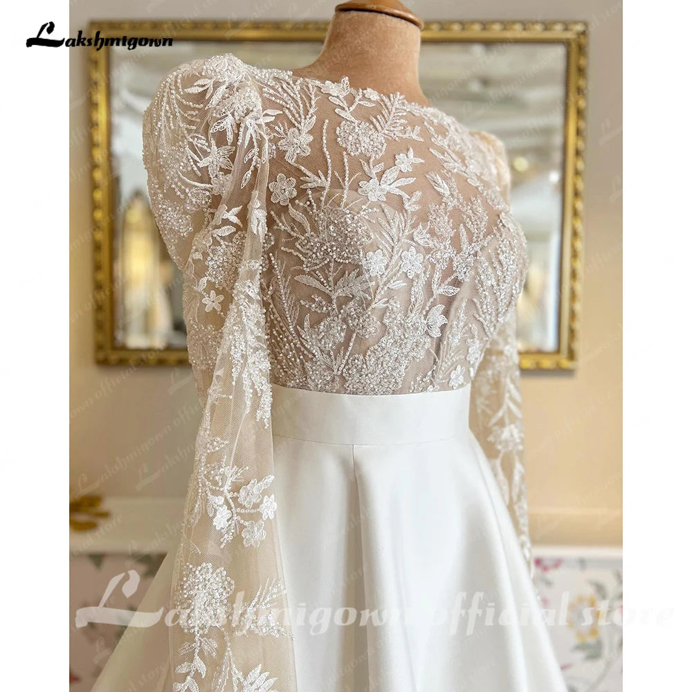 Custom Wedding Dress Satin A Line Bridal Gown Lace Long Sleeve Beach Ceremony