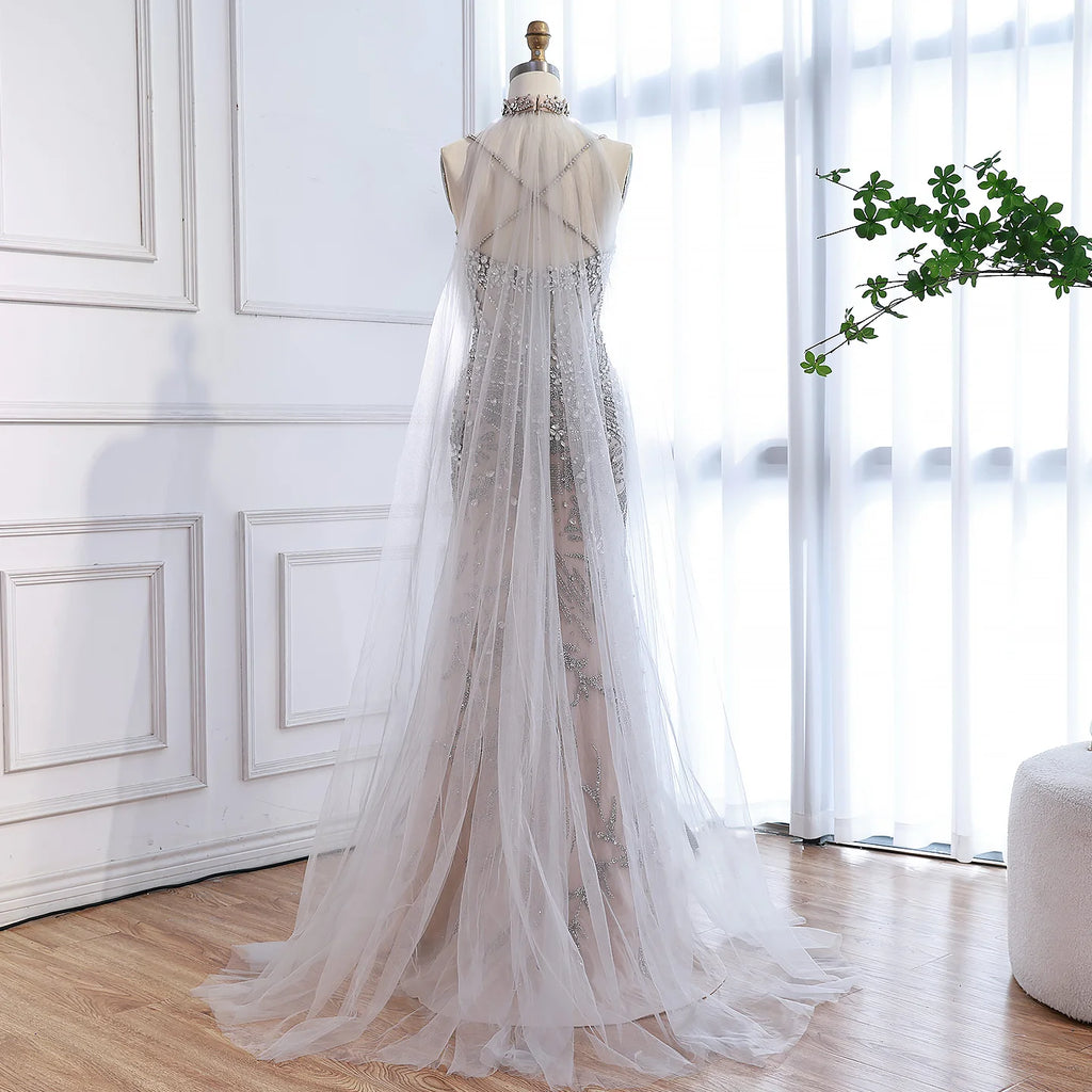 Custom Silver Beaded Mermaid Evening Dress With Cape Wedding Gown