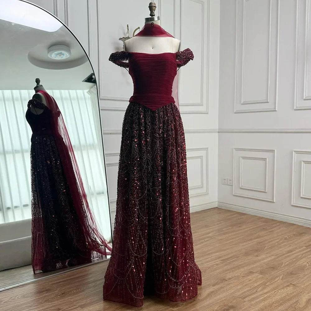 Vestido de Noite de Luxo com Pérolas Cor-de-Rosa Árabes Engastadas e Capa LA72922
