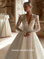 Custom A Line Lace Wedding Dress Long Sleeves V Neck Court Train Bridal Gown
