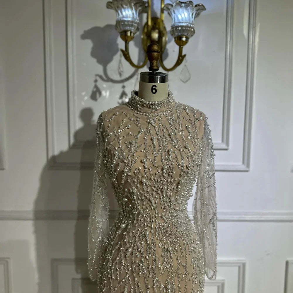Customized Nude Mermaid Evening Gown Saudi Arabic Beaded Pearl Wedding 2025