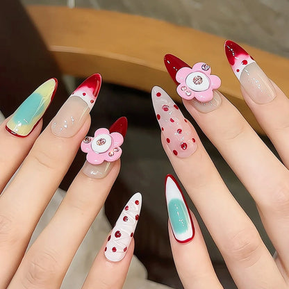 10 uñas postizas francesas rojas, brillantes, rosa rubor, hechas a mano, con diseños florales 3D, reutilizables, largas, almendradas. 