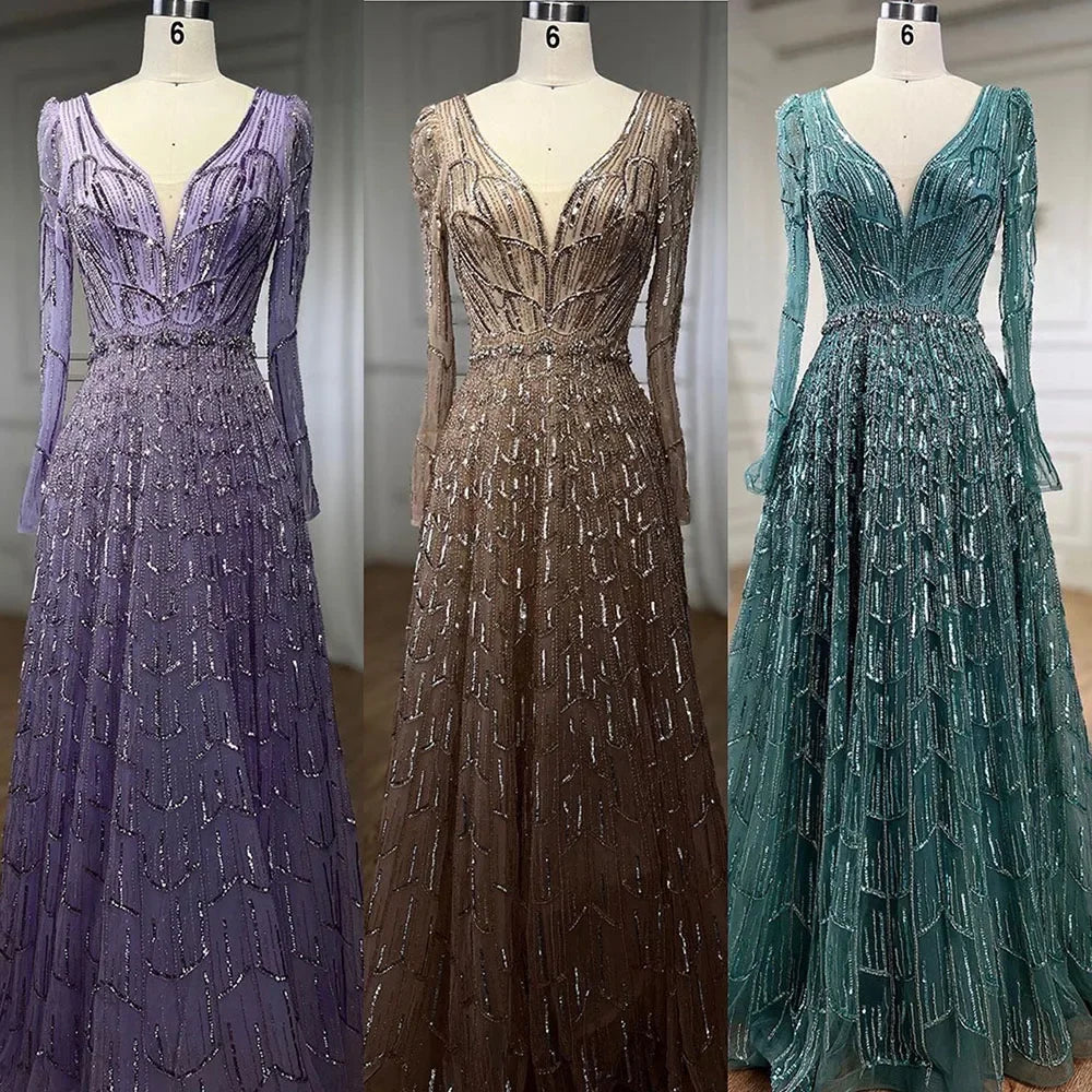 Serene Hill Turquoise Muslim V Neck Long Sleeve Beaded Evening Dress