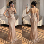 Rose Gold Mermaid Beaded Evening Dress With Ruched Waist Custom Wedding Gown