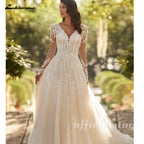 Custom Princess Long Sleeve Wedding Dress With Lace Appliques Tulle