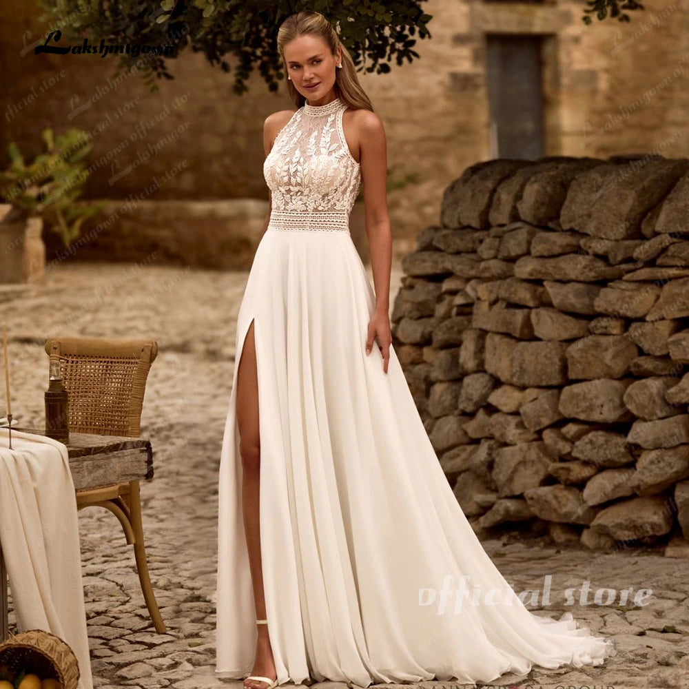 Bohemian Beach Wedding Dress Open Back Lace Halter Chiffon Custom Bridal Gown