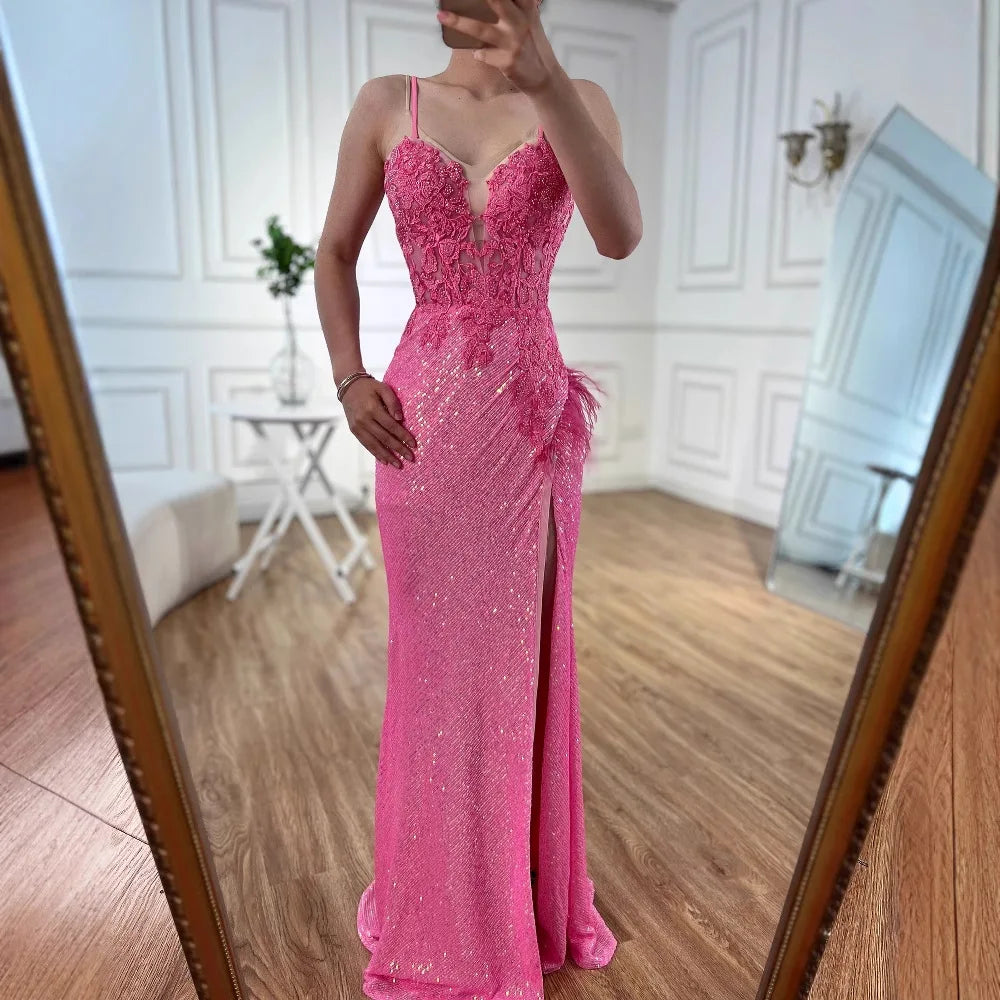 Luxury Pink Feather Beaded Mermaid Prom Dress with Slit LA72987
