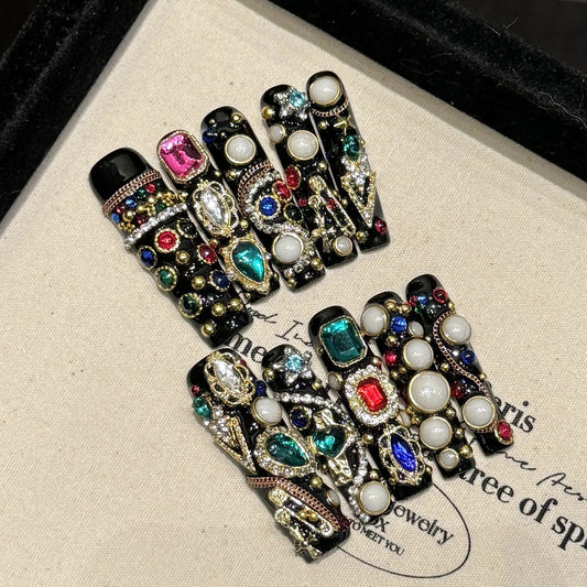 10 uñas postizas largas de lujo hechas a mano, color negro, con diseño de ataúd, para mujeres y niñas, con decoración de diamantes de colores. 