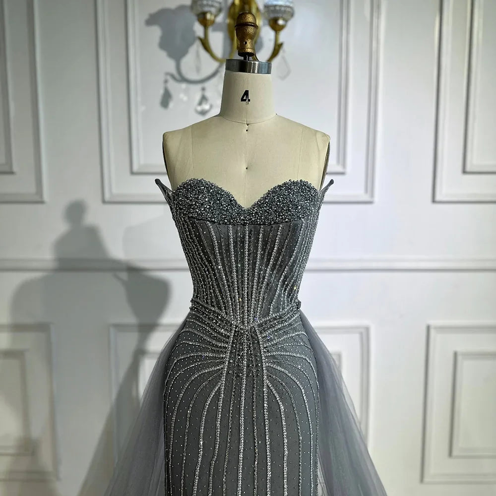 Pink Pearls Beaded Arabic Mermaid Evening Dress with Overskirt LA72811B