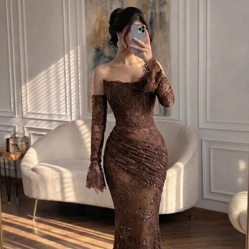 Brown Lace Mermaid Evening Gown For Women Slim Fit Ruched Party Dress