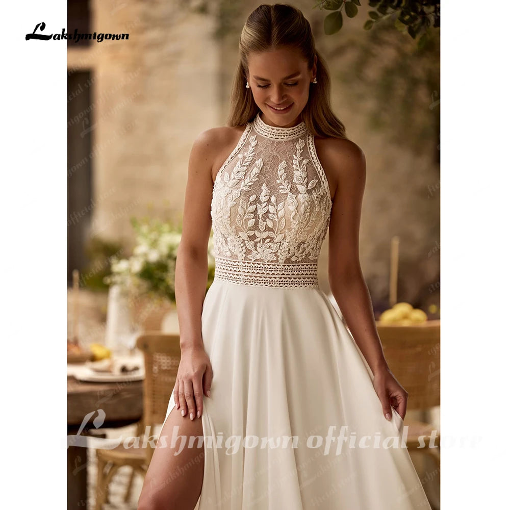 Bohemian Beach Wedding Dress Open Back Lace Halter Chiffon Custom Bridal Gown