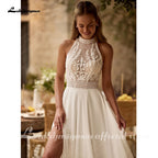 Bohemian Beach Wedding Dress Open Back Lace Halter Chiffon Custom Bridal Gown