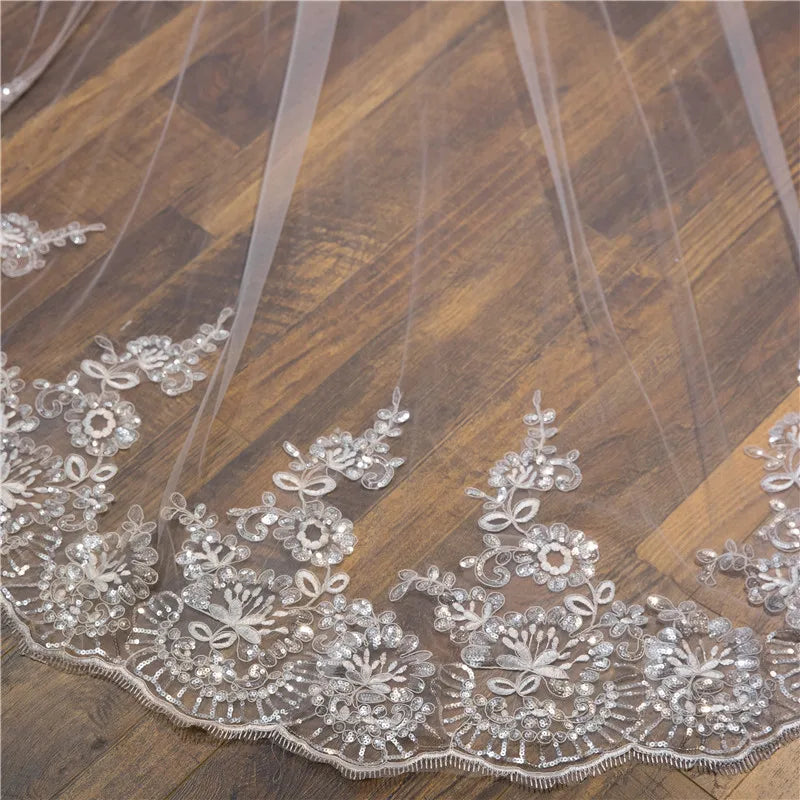 Elegant Cathedral Bridal Veil With Lace Appliques In White Ivory And Black