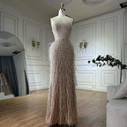 Serene Hill White Beaded Feathered Mermaid Evening Dress Custom Women