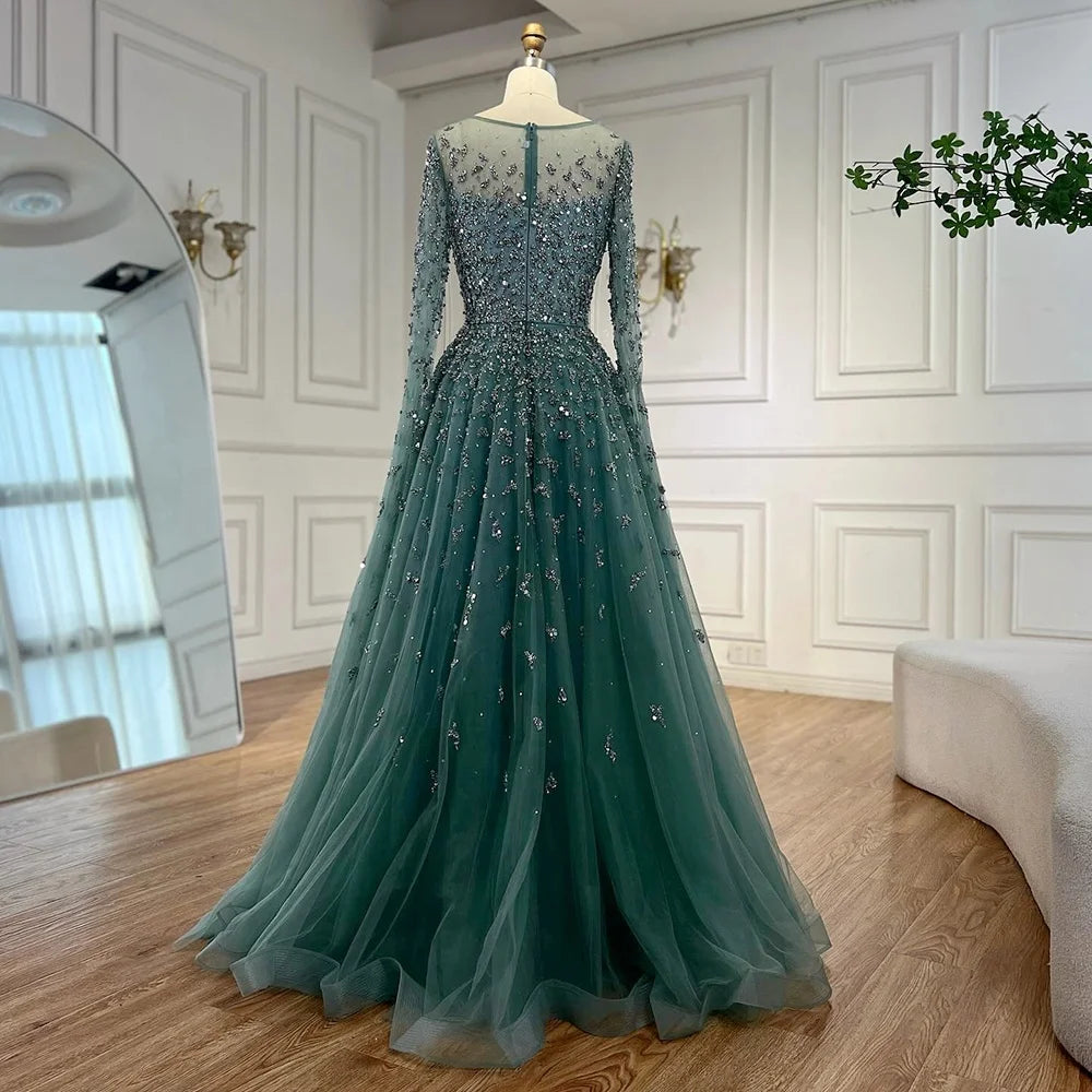 Turquoise A Line Beaded Evening Dress With Cape Sleeves For Women Formal