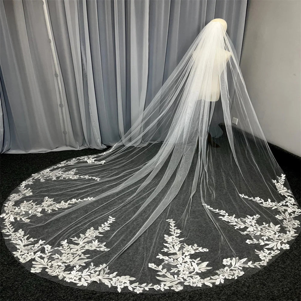 Cathedral Lace Applique Bridal Wedding Veil White Ivory 3m Long One Layer