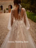 Custom Princess Wedding Dress With Illusion Back And Puff Sleeves