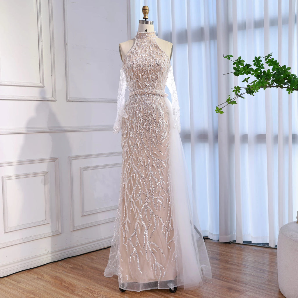 Custom White Pearl Halter Mermaid Evening Gown With Gloves Women