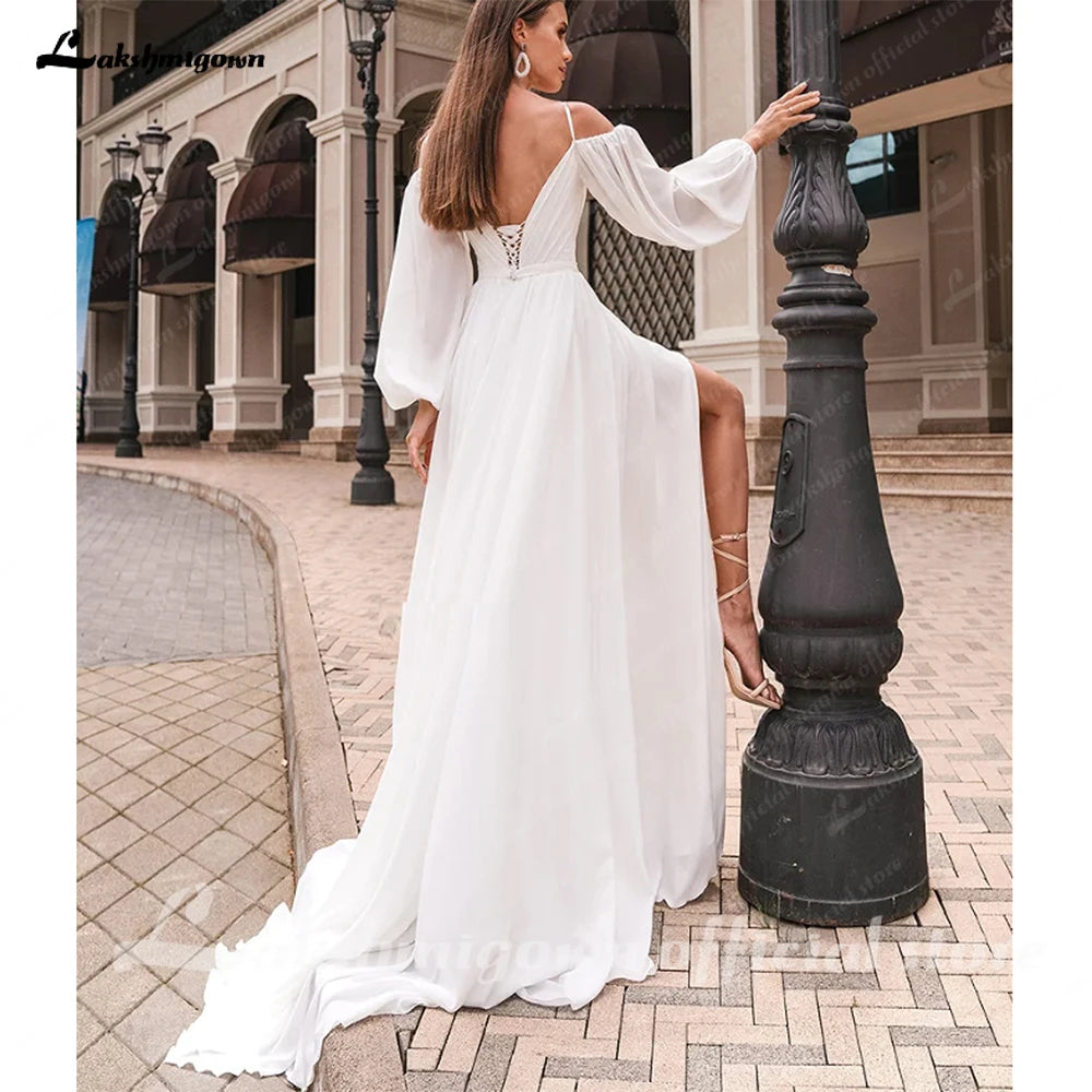 Custom A Line Chiffon Wedding Dress For Women Long Sleeves Boat Neck Side Slit