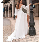 Custom A Line Chiffon Wedding Dress For Women Long Sleeves Boat Neck Side Slit