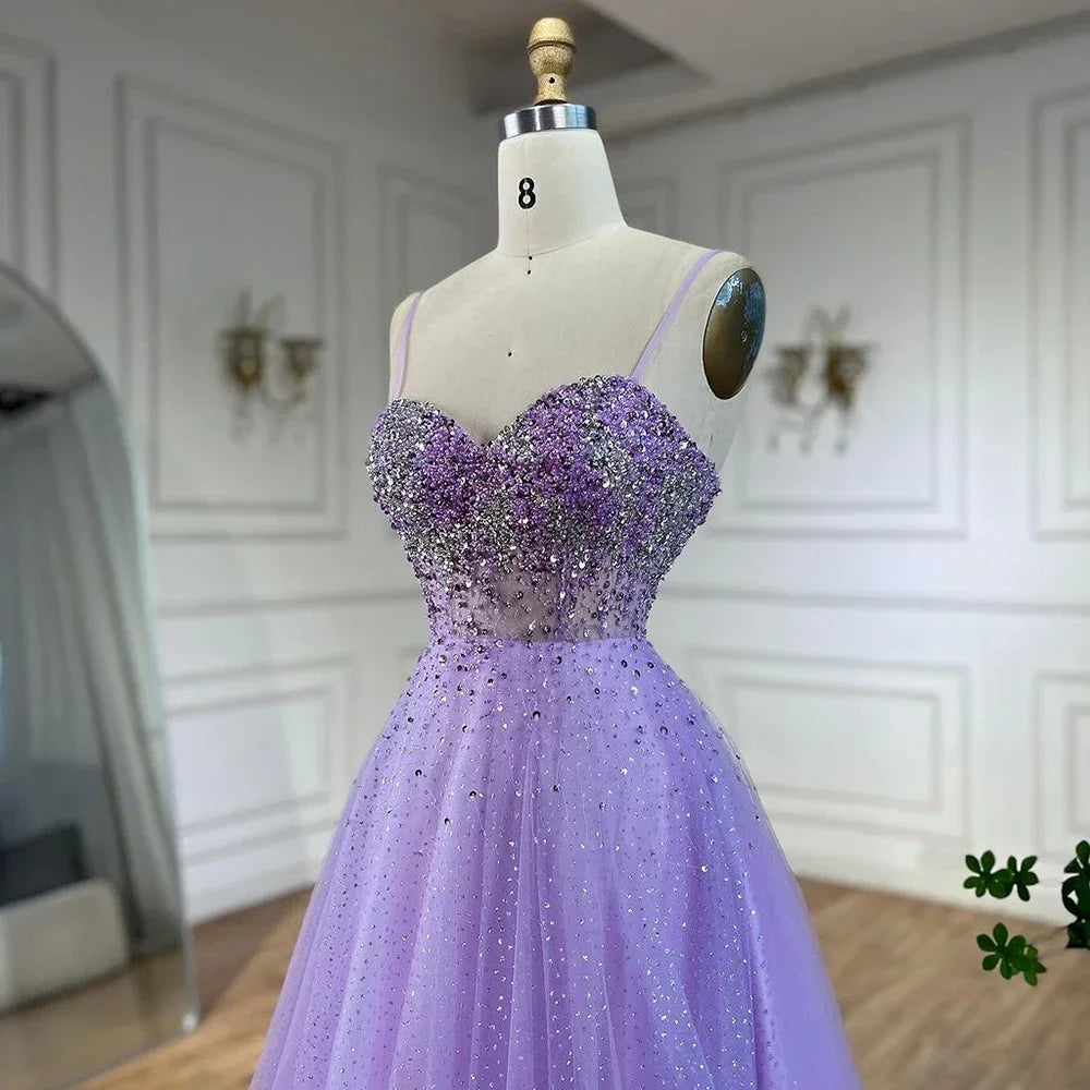 Custom Lilac Spaghetti Strap A Line Beaded Evening Prom Gown For Women