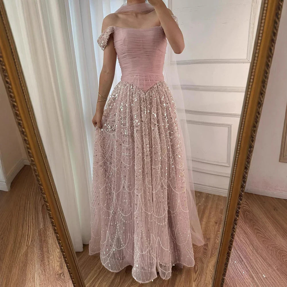Vestido de Noite de Luxo com Pérolas Cor-de-Rosa Árabes Engastadas e Capa LA72922