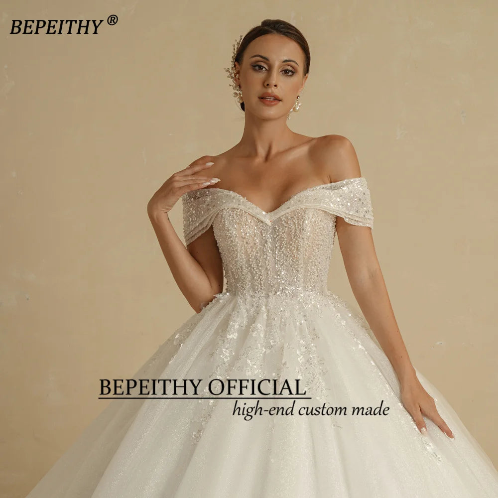 Customized Plus Size Off Shoulder Glitter Princess Ball Wedding Dress