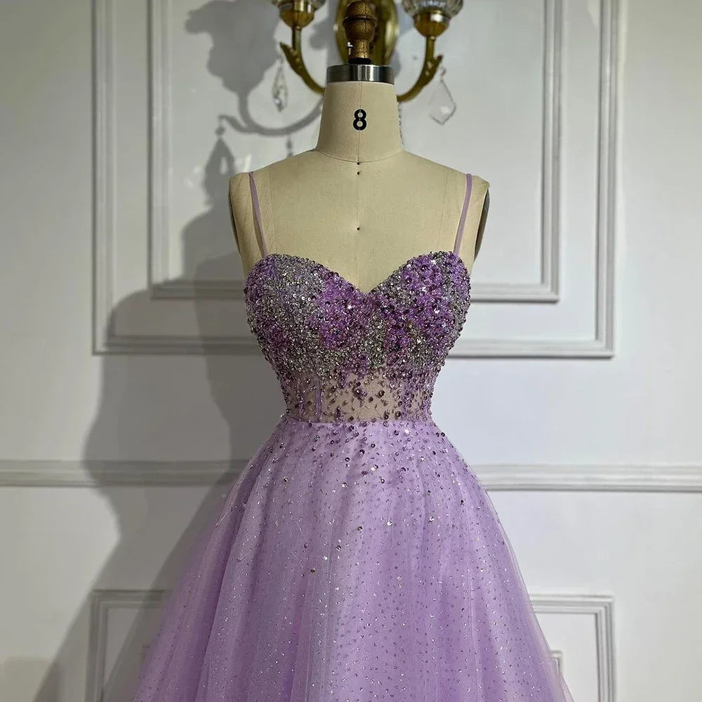 Custom Lilac Spaghetti Strap A Line Beaded Evening Prom Gown For Women