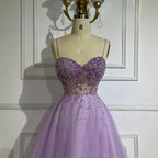 Custom Lilac Spaghetti Strap A Line Beaded Evening Prom Gown For Women