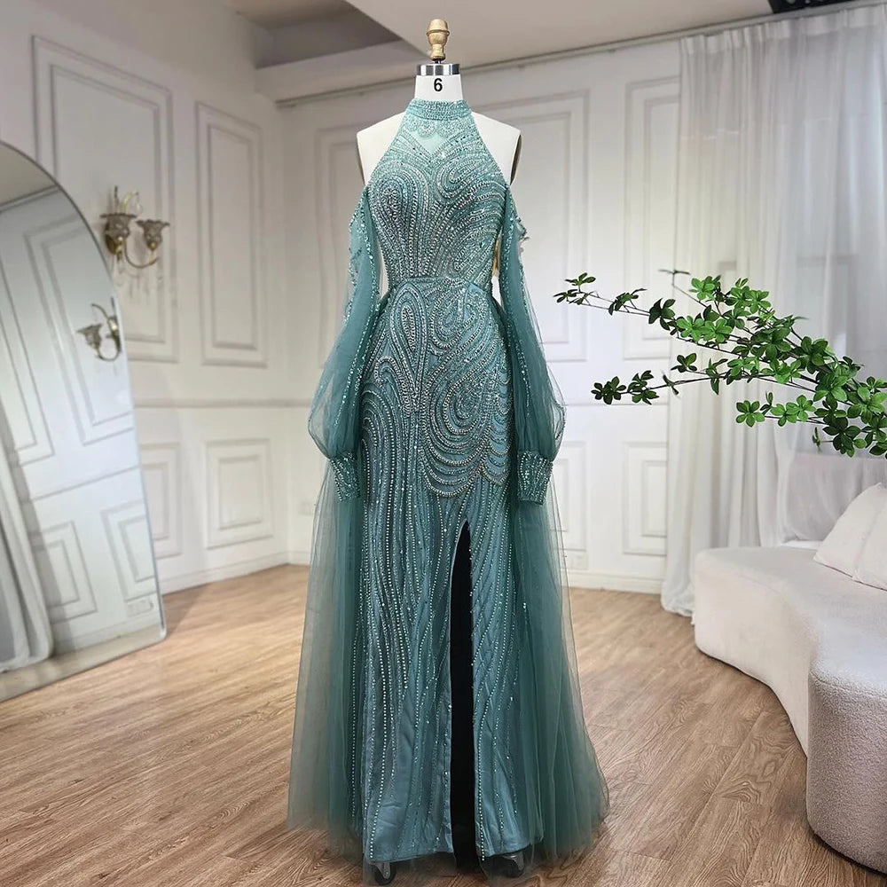 Serene Hill Customized Turquoise Mermaid Beaded Evening Dress Women Wedding