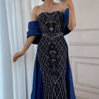 Nude Strapless Off Shoulder Mermaid Beaded Evening Dress Gown Custom Overskirt