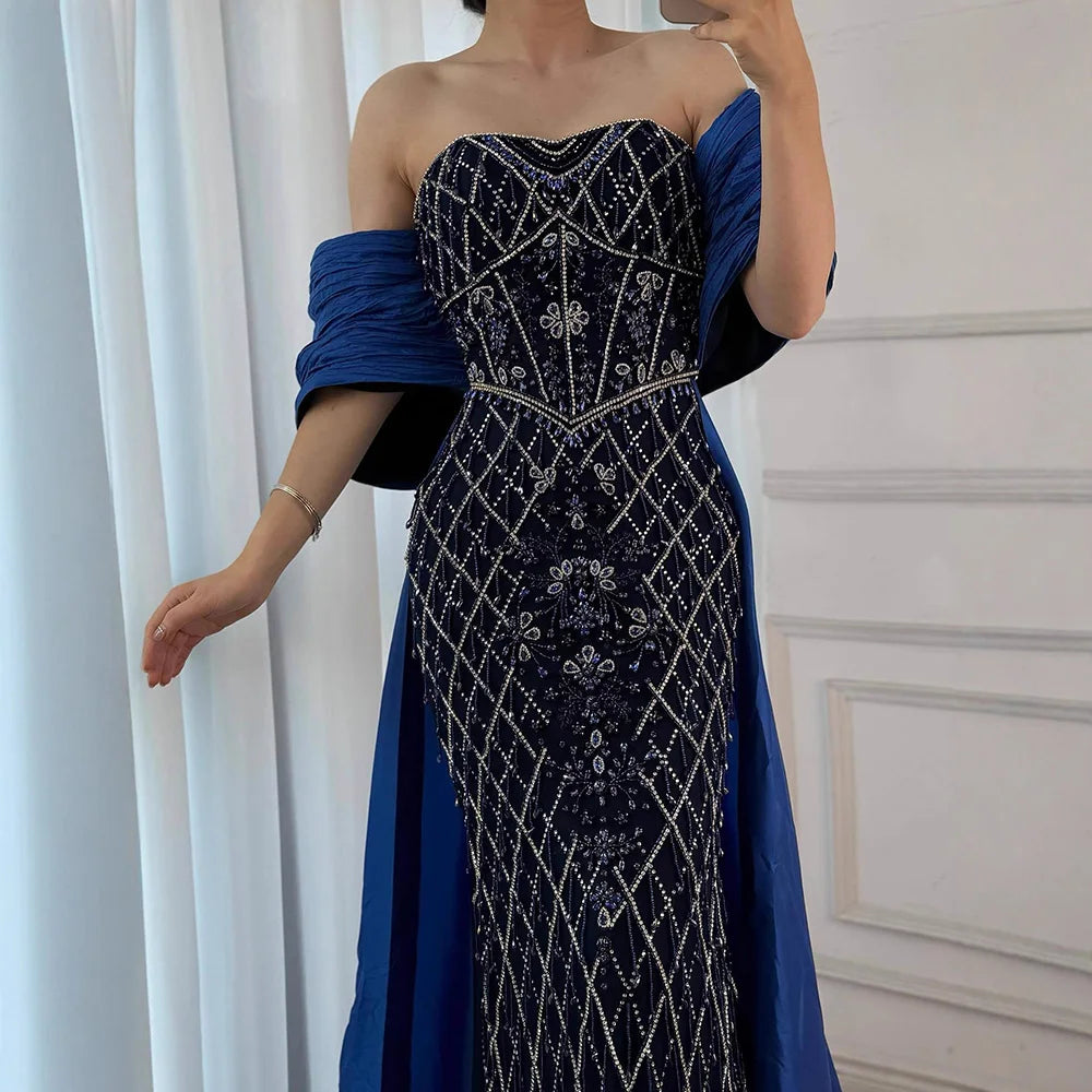 Nude Strapless Off Shoulder Mermaid Beaded Evening Dress Gown Custom Overskirt
