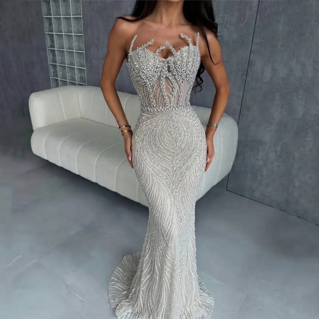 Serene Hill Nude Corset Mermaid Crystal Beaded Evening Dress Custom Wedding Gown